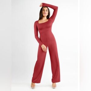 Popilush Square Neck Wide-Leg Long Sleeve Shapewear Jumpsuit